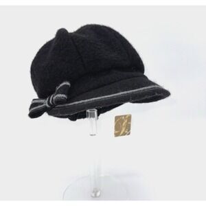 New BORDONI Black Gray Wool Side Bow Newsboy Cap Fleece Lined Made Italy NWT